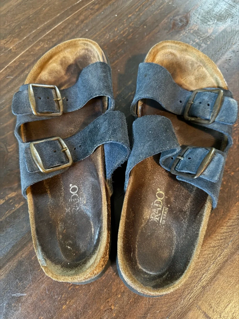 Double Buckle Navy Blue Suede Slide Sandals - Made in Spain 8.5M 10W
